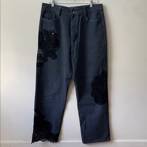 Collina Strada Charcoal denim jeans with patchwork black lace details size large